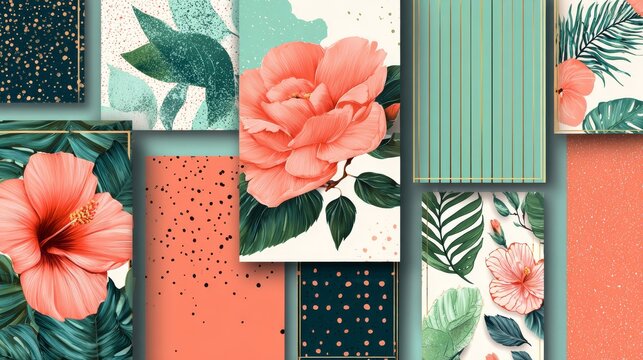 83.Collection of diary and book cover templates displayed overlapping in fan layout, bold botanical patterns with large blooming roses and hibiscus, leaves with detailed veins, layered