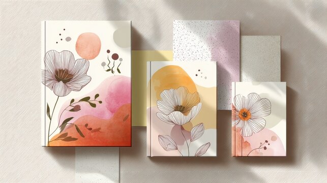 86.Set of modern book and journal covers lying on textured table surface, playful floral decoration with hand-drawn style blooms mixed with abstract shapes and dots, layered pastel color blocks,