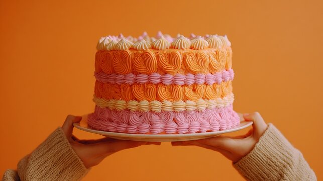 91.Detailed shot of vintage aesthetic cake with orange and pink alternating frosting layers, heart-shaped and shell piping motifs, thick buttercream texture visible, held by hands wearing simple