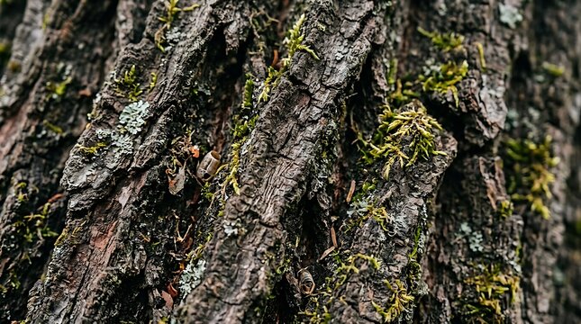 Rough textured tree bark with green moss patches in the forest on transparent background