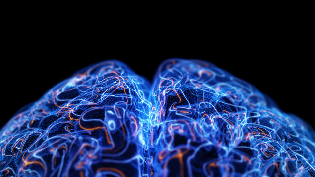 Futuristic digital brain with glowing neural connections and complex data networks, representing artificial intelligence, machine learning, neural networks, deep learning and advanced technology.