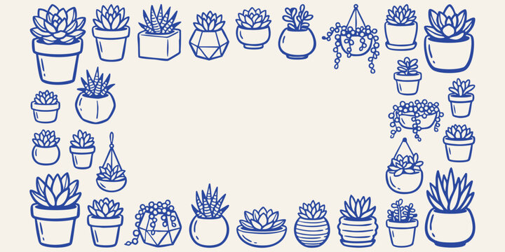 Various potted succulents arranged in a border with a hand drawn doodle style on a light background during daylight