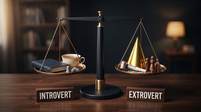Introvert versus extrovert personality balance scale comparison with introvert extrovert psychology personality comparison weighing behavior internal external metaphor dichotomy
