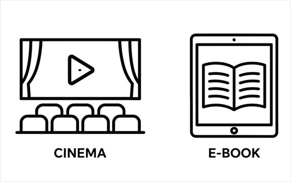 Cinema screen and e-book reader digital icons illustrate entertainment options and modern media consumption trends.