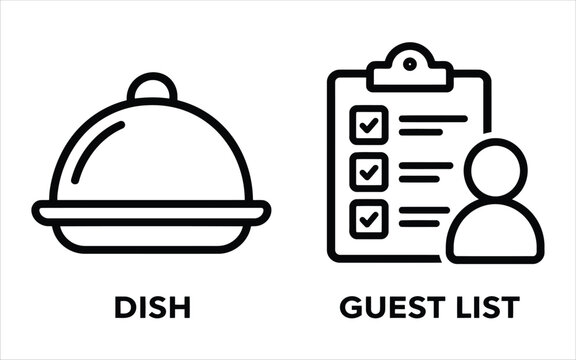 Covered dish and guest list clipboard outline icons for restaurant catering services and event planning management.