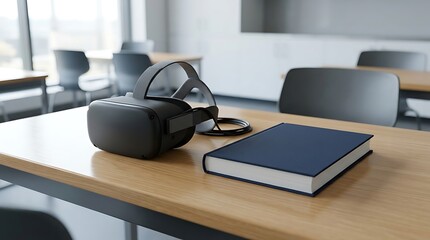 Obraz premium Virtual reality headset and book on a wooden desk in a classroom on transparent background