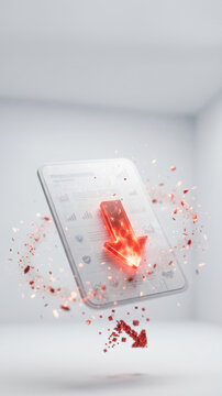 Digital tablet showing red decline arrow amid shattered fragments, credit report concept
