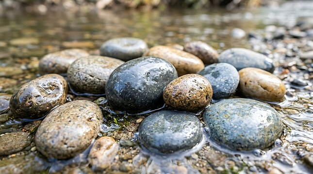 Wet smooth river stones partially submerged in shallow flowing water on transparent background