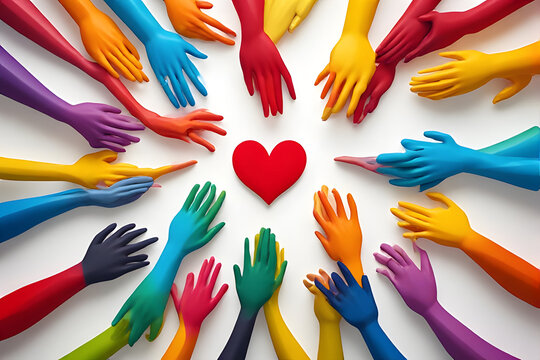 Diverse multi-colored hands reaching towards a central red heart representing unity love community and social support on a white background