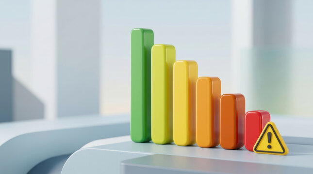 Credit report decline shown by colorful descending bars and warning symbol in modern office setting with concern
