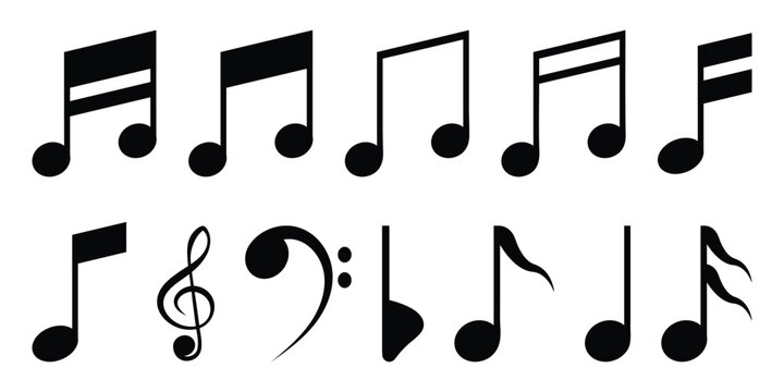 Musical notes and clefs black silhouette icon set isolated on white background