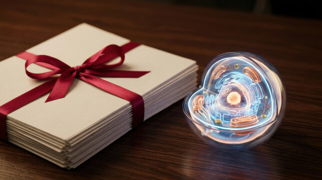 Biotech patent disputes beside glowing orb and tied document stack create futuristic legal concept with tension and intrigue