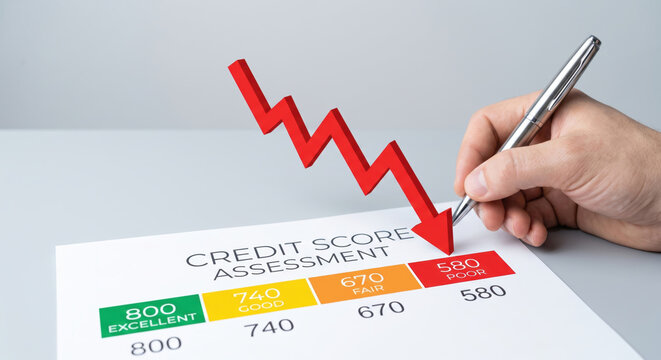 Credit report decline highlights falling credit score assessment with warning arrow and hand holding pen