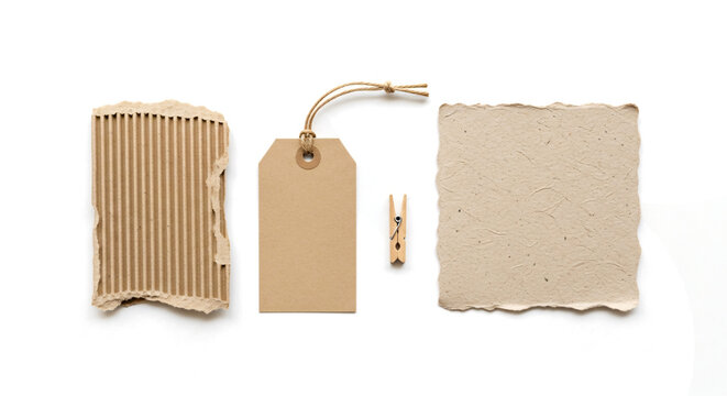 Eco-Friendly Recycled Cardboard Packaging with Tag and Ribbons on White Background