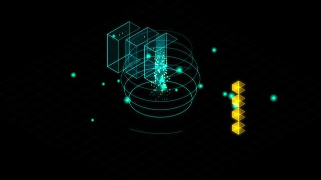 Abstract 3d visualization of data processing with glowing particles and geometric shapes on a dark background