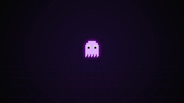 Purple pixel art pacman ghost suitable for digital games with retro neon light aesthetic. Perfect for vintage video game designs.