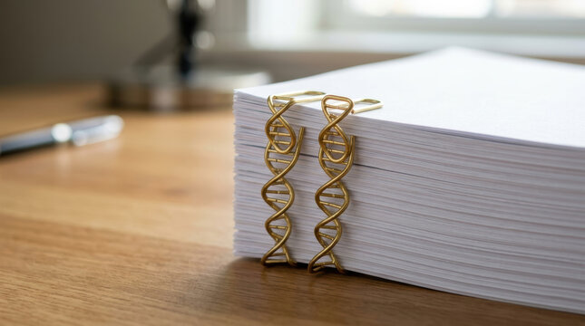Patent disputes biotech document stack with golden DNA shaped clips on wooden desk conveying complex scientific research