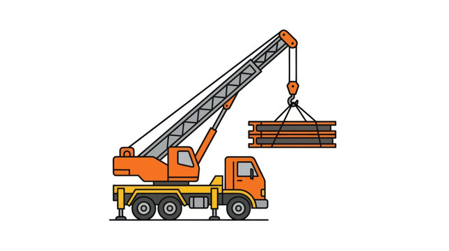 Orange mobile crane truck lifting steel beams.