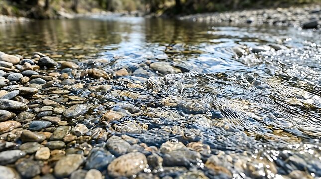 Clear water flowing over smooth pebbles in a shallow stream bed on transparent background