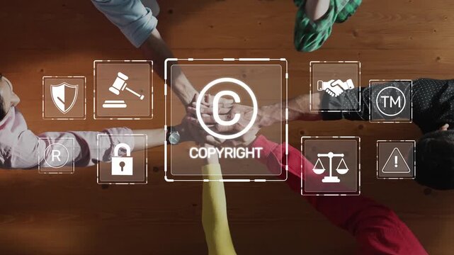 A group of people engaging in a discussion about copyright and law, with various legal icons displayed on a wooden table, emphasizing teamwork and innovation. Raster