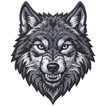 Wolf head embroidery patch design with detailed grey fur texture