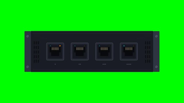 Animated network switch with flashing ethernet ports on green screen