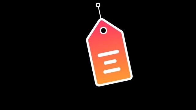 Animated price tag hanging on string against black background