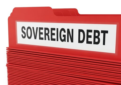 Global Debt Levels Concepts. Red file folder with label sovereign debt representing government financial obligation and national economic burden concept