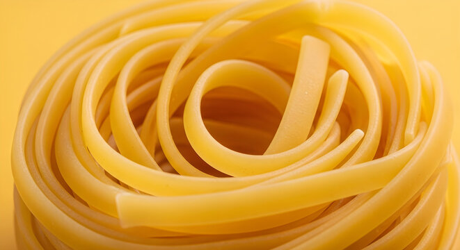 Close up top view of a dry nest of raw Italian linguine pasta noodles arranged in a swirl pattern isolated on a solid bright yellow background
