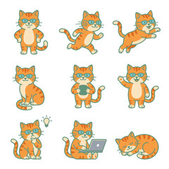 Obraz premium Cute cartoon ginger cats wearing stylish blue glasses.