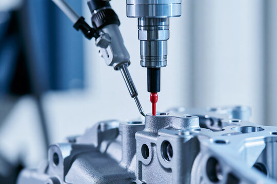 A high precision CMM coordinate measuring machine probing a complex metal engine part in a modern factory.