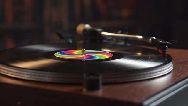 Vinyl Record With Rainbow Sticker Playback in Room Ambience, Close Up