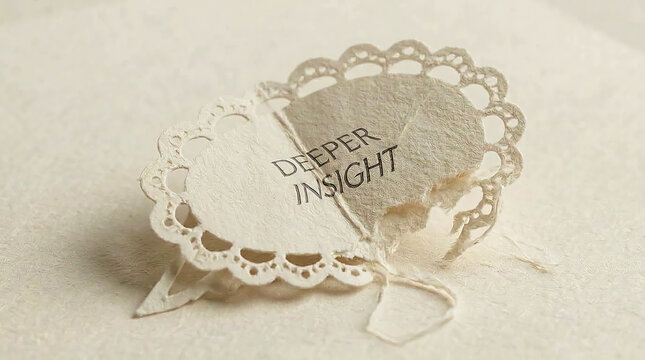 Decorative paper doily with deeper insight text stamp on textured surface