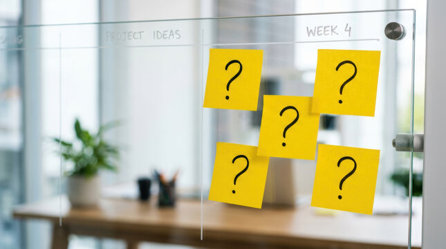 Staffing shortages create uncertainty for workplace planning as question marks cover glass board in modern office setting