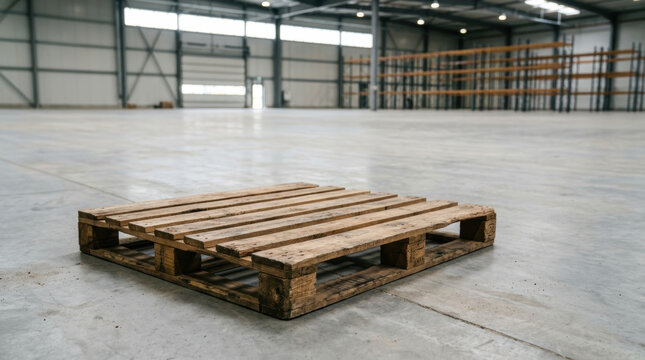 Staffing shortages affecting warehouse logistics with empty industrial storage space and wooden pallet awaiting supply chain workers