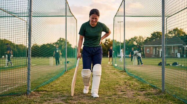 A female cricket player grimaces while holding her side and walking with a bat cricketplayer