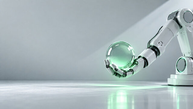 A robotic arm holding a glowing crystal ball in a bright room
