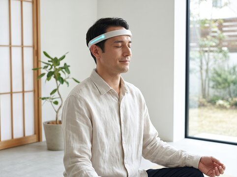 Man meditating with eyes closed wearing glowing white neural headband