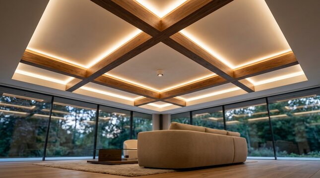 Modern living room interior with coffered ceiling and ambient lighting