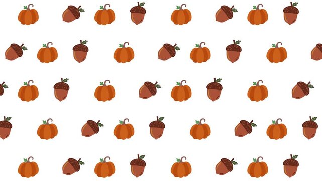Seamless pattern animation of pumpkins and acorns moving across screen