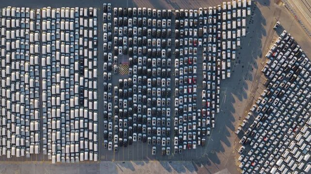 Top-down aerial view of a vast parking lot filled with hundreds of new cars and vans parked in precise rows for export, dealership inventory, or distribution logistics