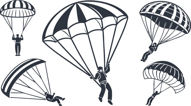 Monochrome collection of skydivers with parachutes in various poses, isolated on a white background, extreme sports