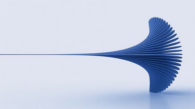 A 3D rendered abstract sculpture featuring a series of thin blue curved fins radiating from a single point, creating a fan-like shape on a smooth light blue surface with soft shadows and lighting