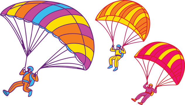 Group of skydivers with colorful parachutes in various flying poses, isolated on a white background, extreme sports set