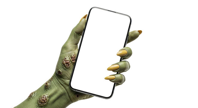 Zombie Hand Holding Smartphone with Blank Screen in White Background