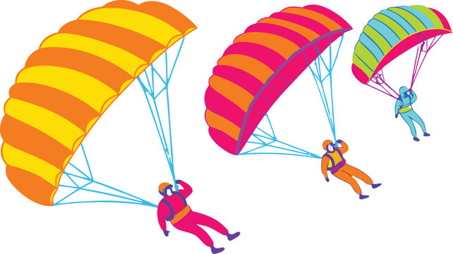 Set of three paragliders with bright yellow, orange, pink, and blue parachutes in a flat style on a plain white background