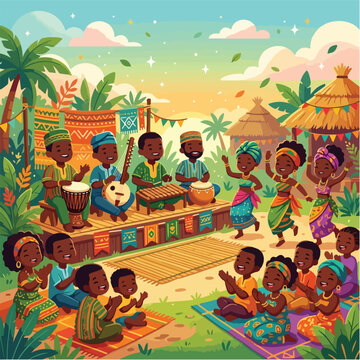 Vibrant cartoon of African musicians and dancers performing at a village festival with traditional instruments and huts