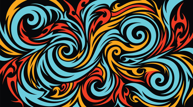 Tribal swirl pattern vector illustration, abstract flame and wave ornament in blue red and orange, decorative ethnic scroll background for apparel