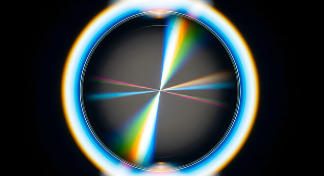 Abstract circular light refraction composition featuring vibrant rainbow spectrum patterns and glowing lens flare against a deep black background