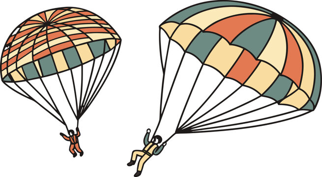 Two skydivers descending with colorful parachutes, illustrated in a flat style with muted tones on a plain white background